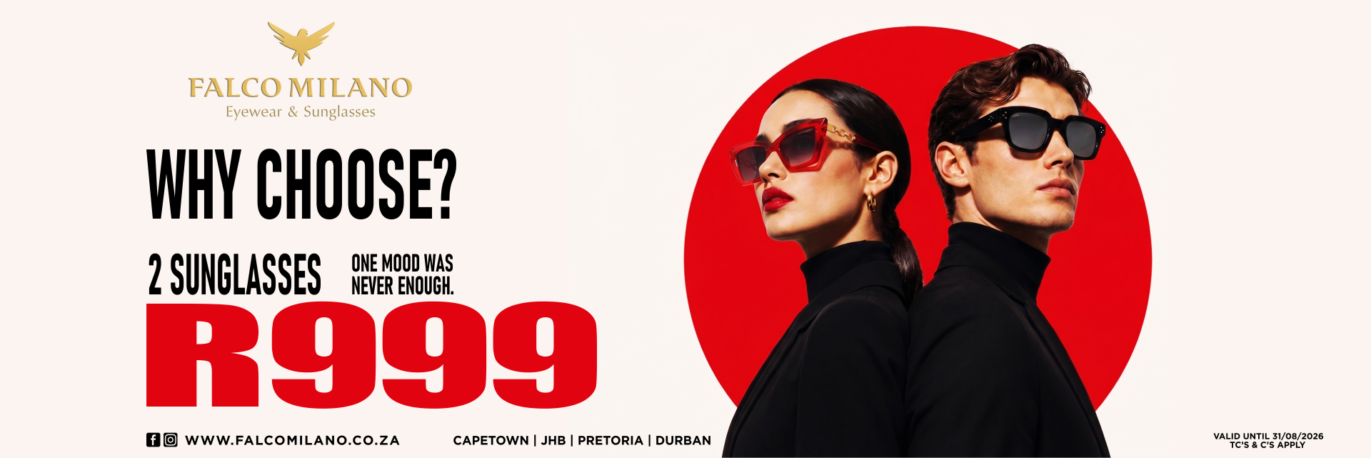 Falco Milano: 2 sunglasses for R999, valid until 31 August
